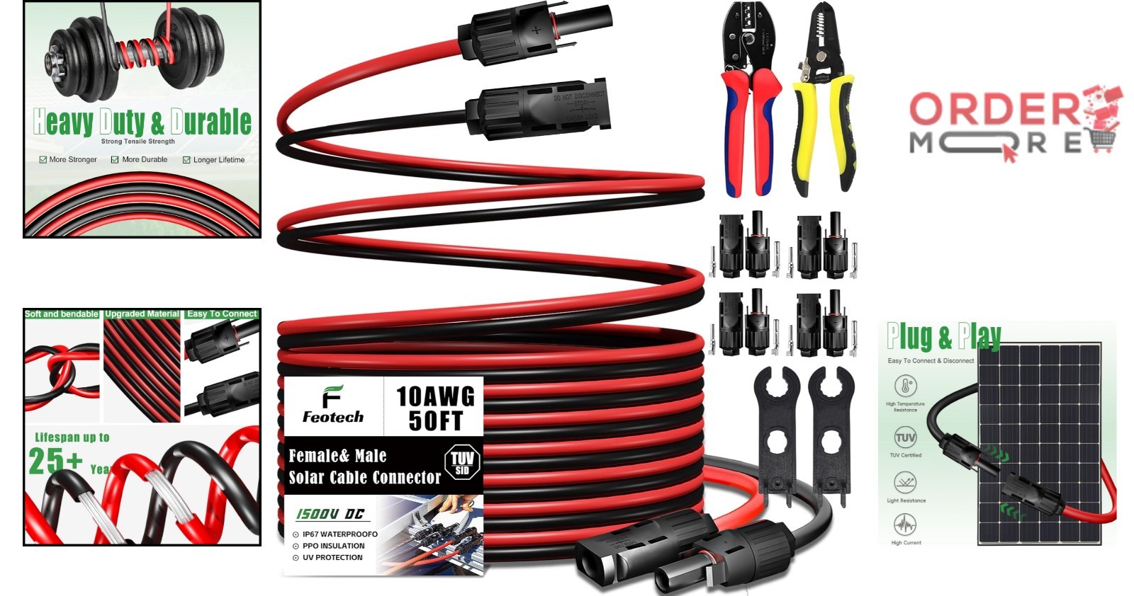 Twin Wire 50FT Solar Extension Cable 10AWG with Connectors for RV Marine