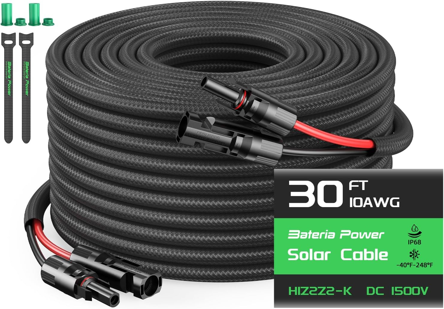 10AWG 30FT Solar Panel Extension Cable, Flame Retardant Protective Sleeving Twin