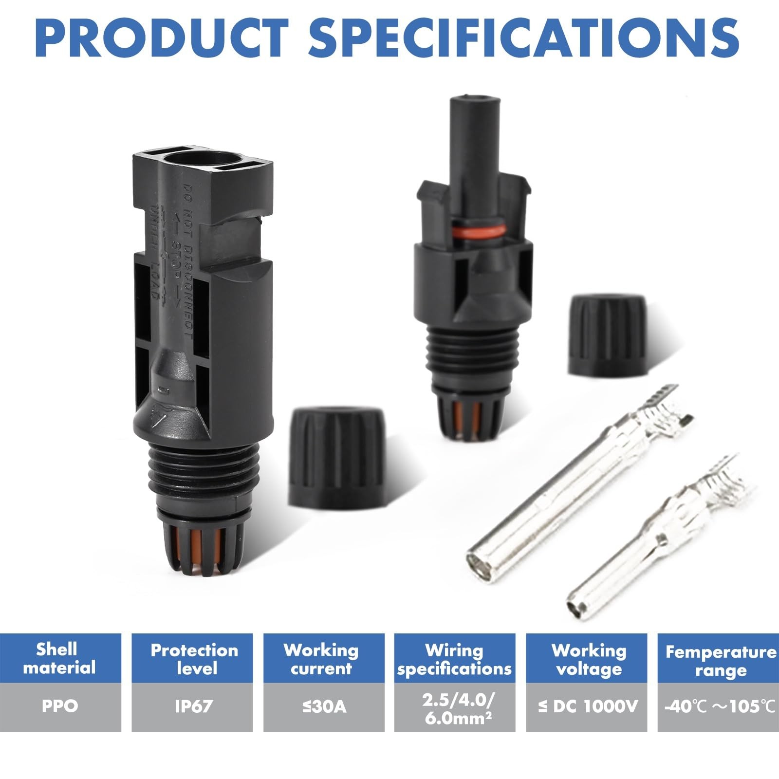 Usngsny 100 PCS Solar Panel Connectors, 50-Pairs+ 2 Spanners Solar Connector
