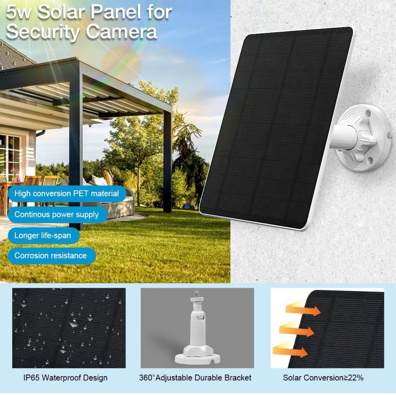 Solar Panel for Security Camera,5W USB Solar Panel for Cameras DC 5V,