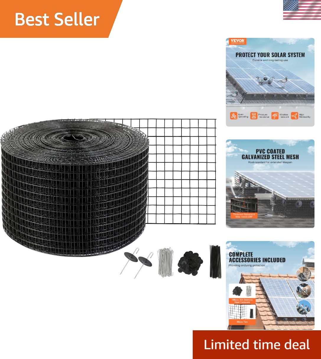 Solar Panel Bird Guard 8inch x 98ft PVC Coated Wire Mesh Roll Kit with 100pcs…