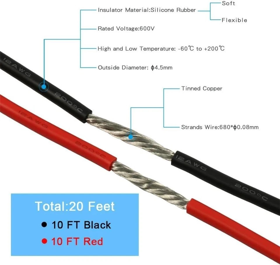12AWG Silicone Wire 20FT Red Black Ultra Flexible 680 Strand 600V Cable