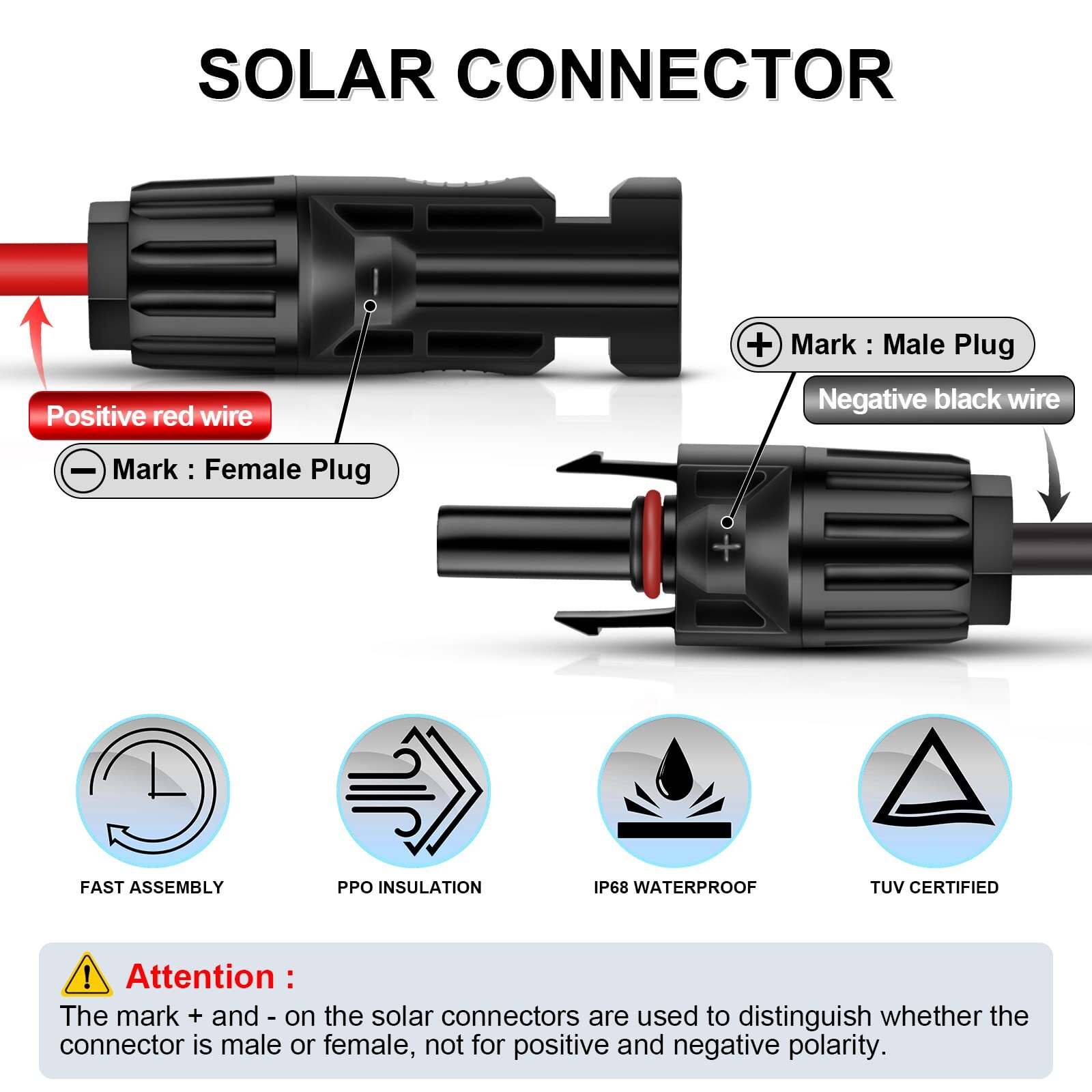 20 Ft 10AWG Solar Extension Cable with Female and Male, 20 FT Red + 20 FT Black