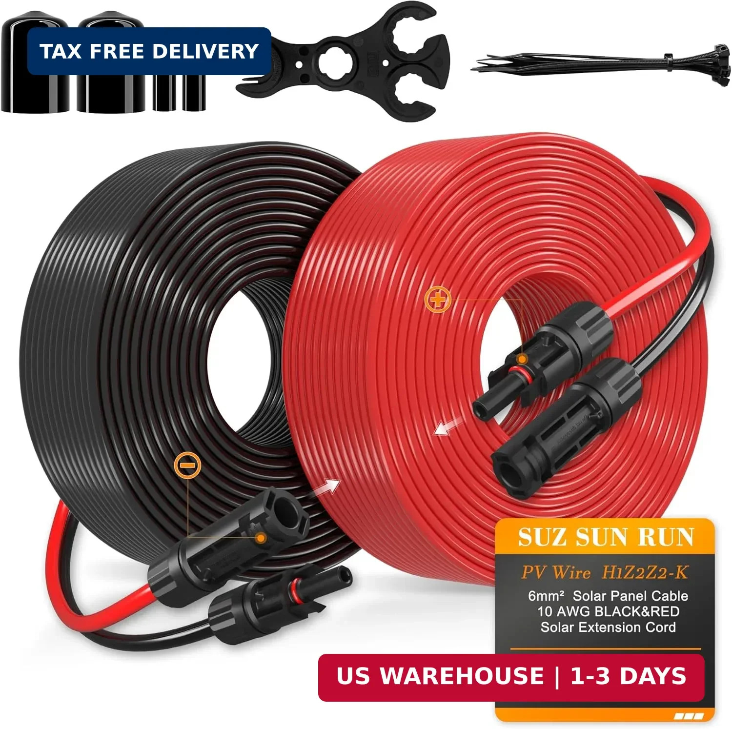 Solar Extension Cable 10AWG 6mm² 100FT PV Wire 10Gauge Adaptor Panels Cables wit
