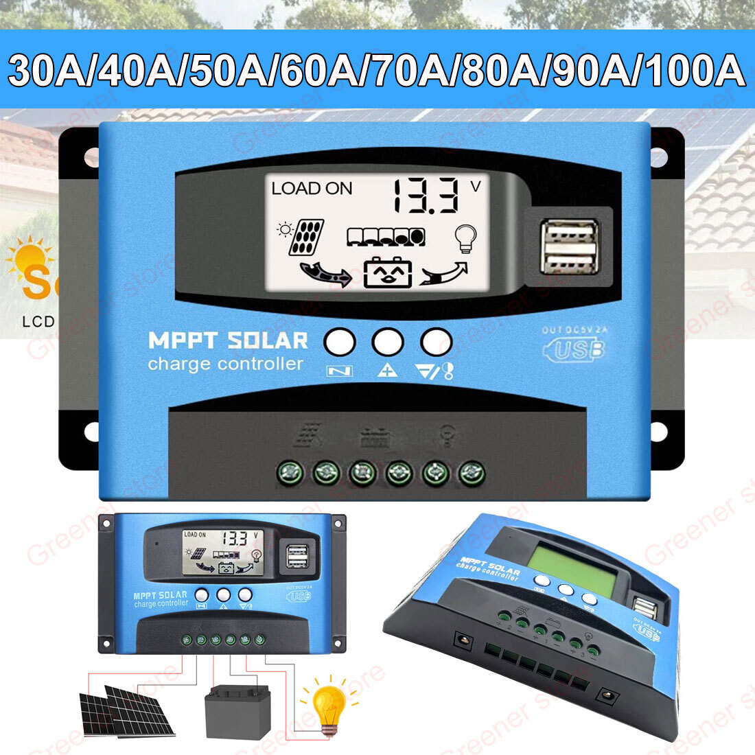 MPPT 30A-100A Solar Panel Regulator Battery Charge Controller Auto 12V/24V LCD