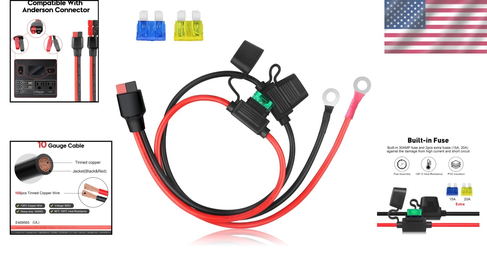 Heavy Duty 10AWG O Ring Terminal Cable with Fuse for Battery Charging 2Ft