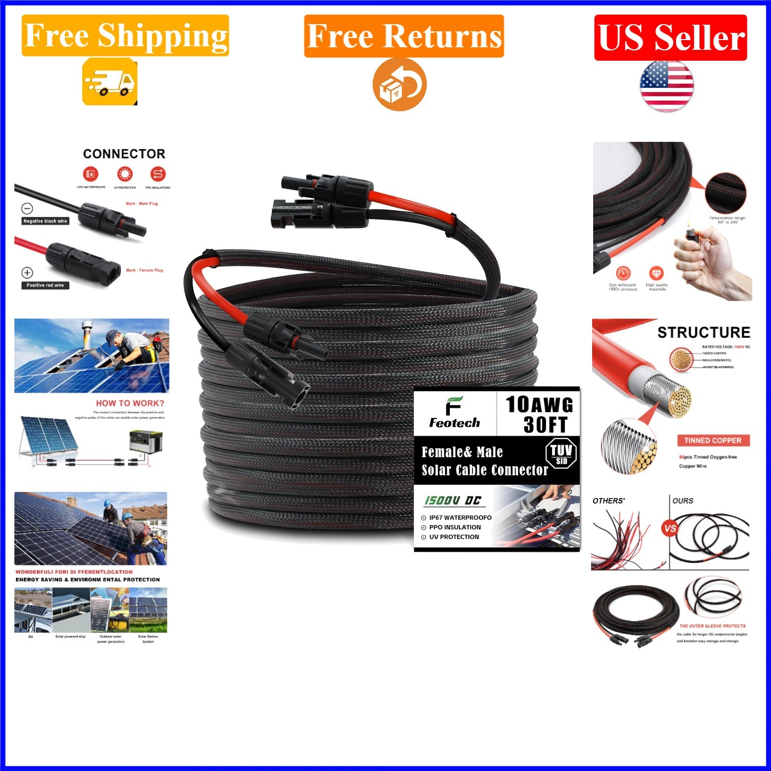 Twin 30FT Solar Extension Cable 10AWG Male/Female Connectors Black & Red