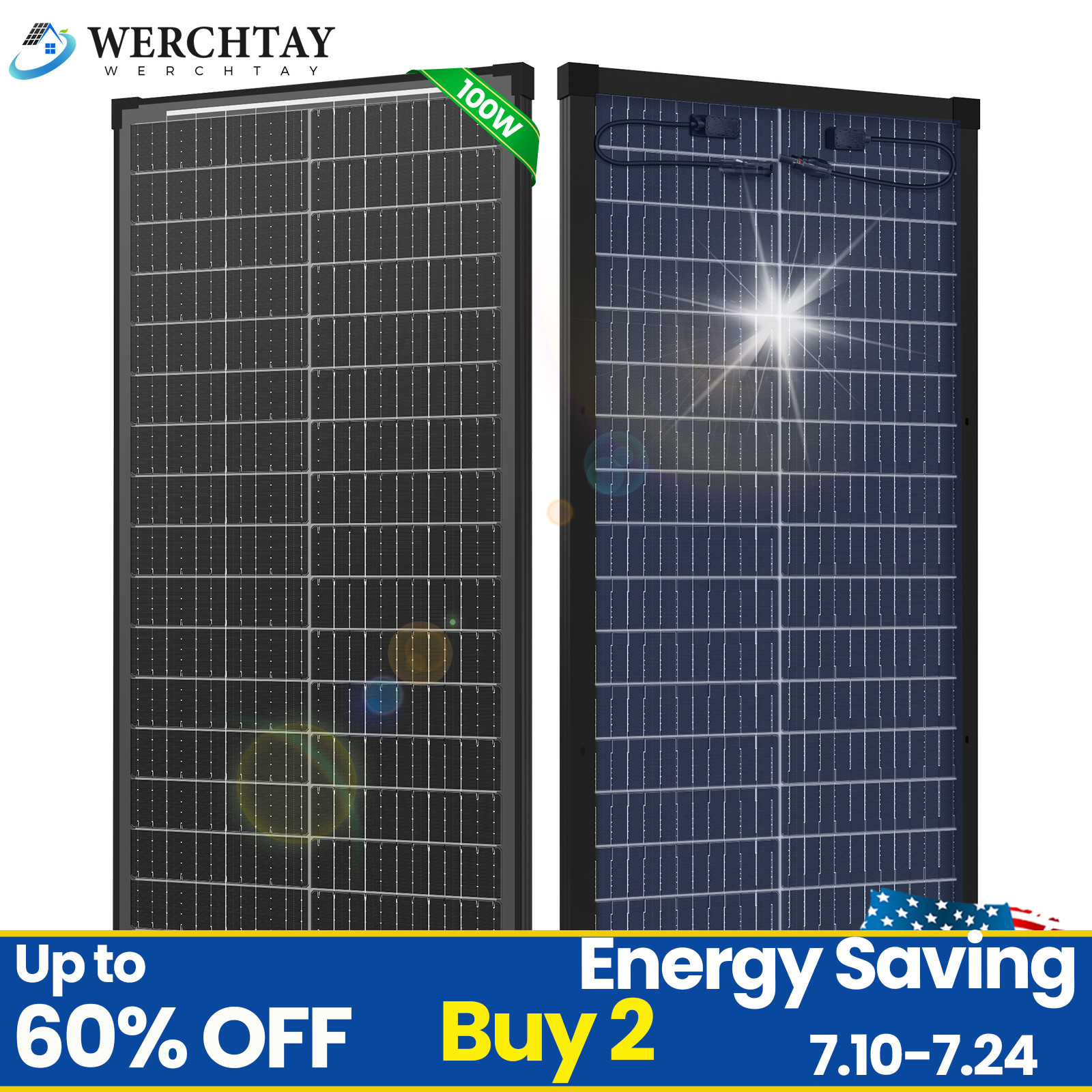 100Watt Bifacial Solar Panel 12V Mono Home PV Power Off-Grid Boat Power Werchtay