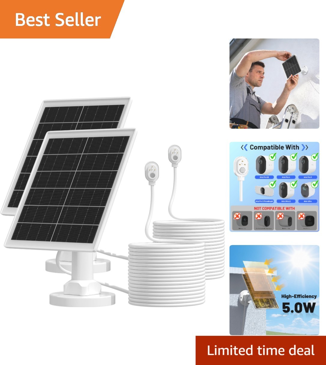 High Efficiency 5W Solar Panel for Arlo Cameras Includes 360 Degree Mount