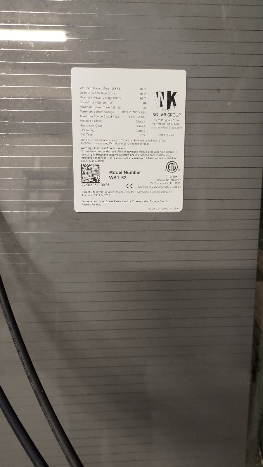 Solar Panels 12 kW MADE iN USA CdTe Thin-Film High Quality WK1-62 NIB-4 pallets