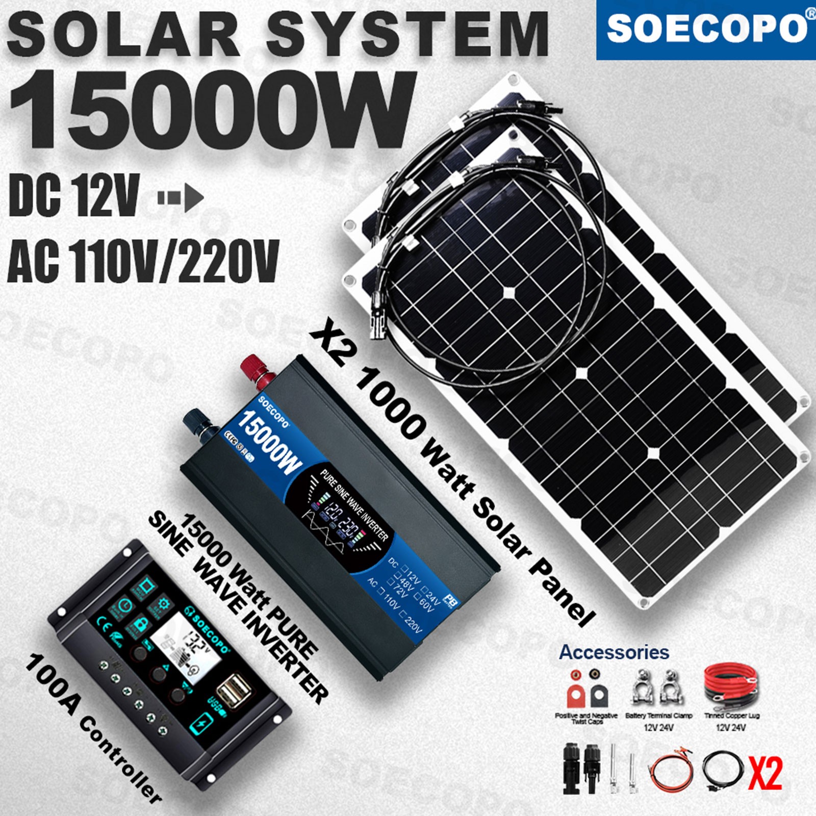 15000W Solar System Kit 100A Controller DC12V AC 110V 220V 2pcs Flexible PanelYG