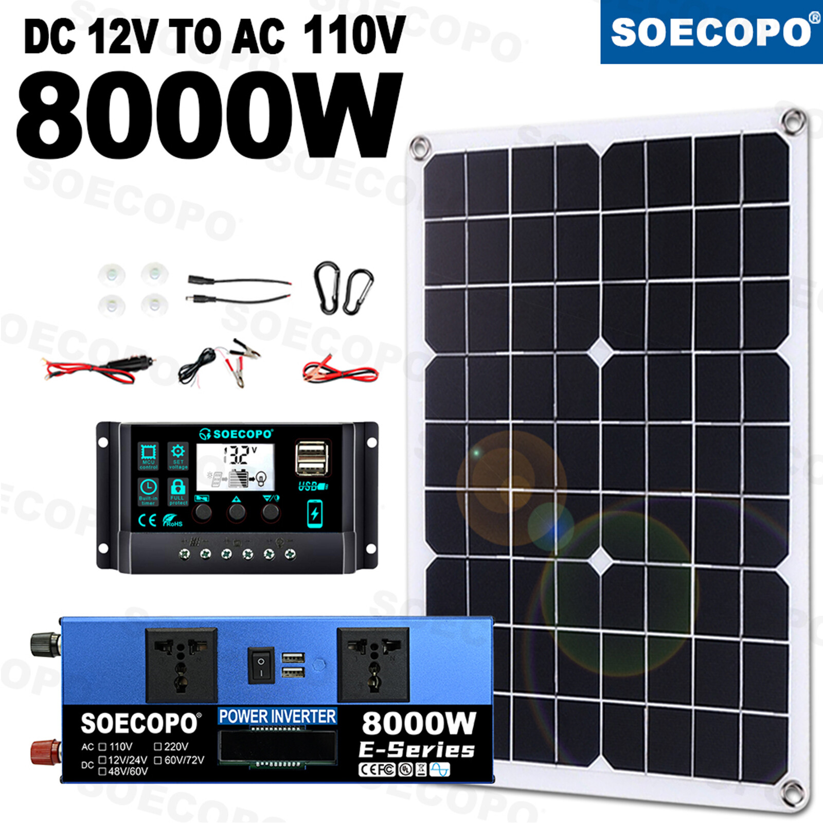8000W Solar System DC12V/24V to 110V/220V Off-Grid Inverter System 100A 500W