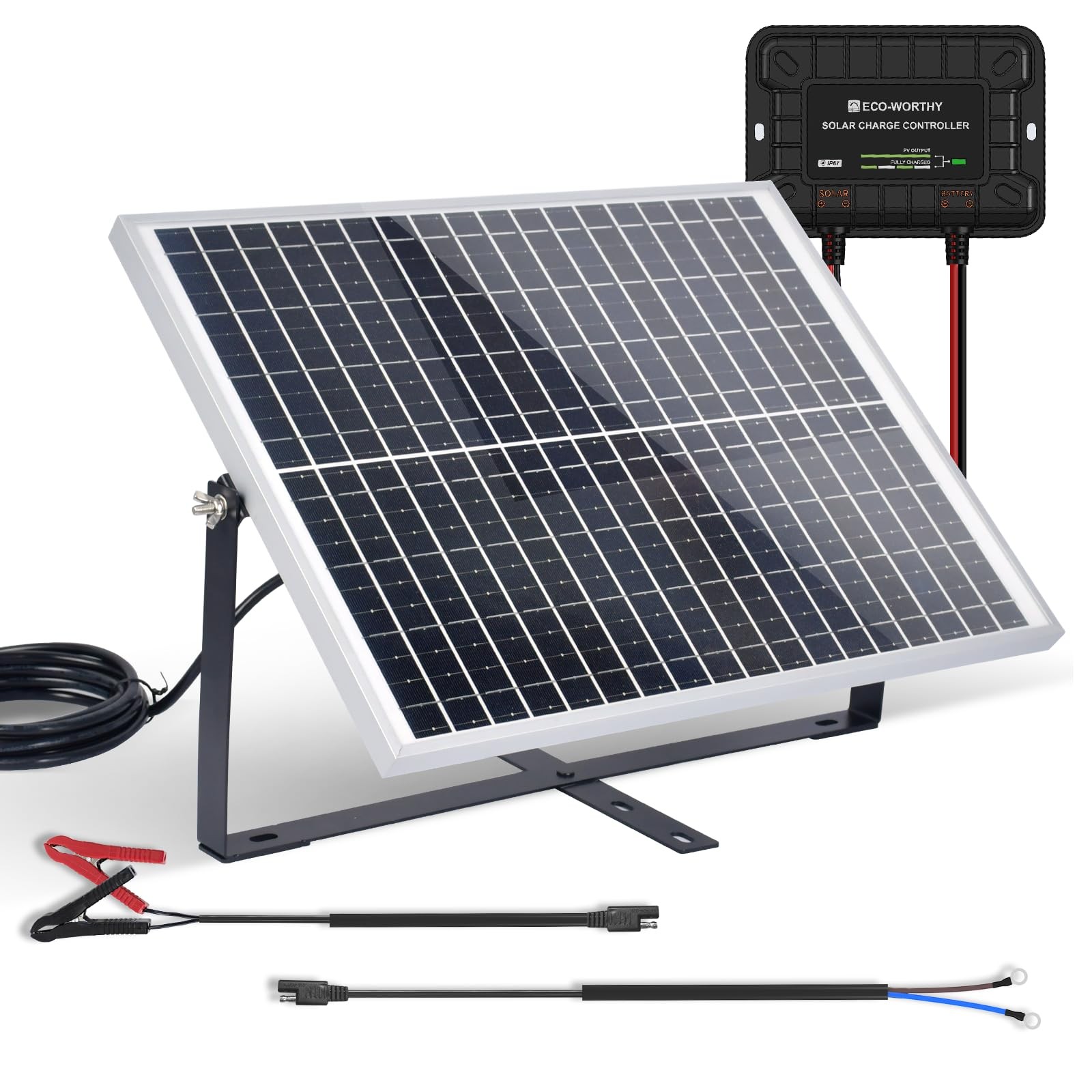 25W 12V Solar Battery Trickle Charger Maintainer, Waterproof Solar Panel + Ad…