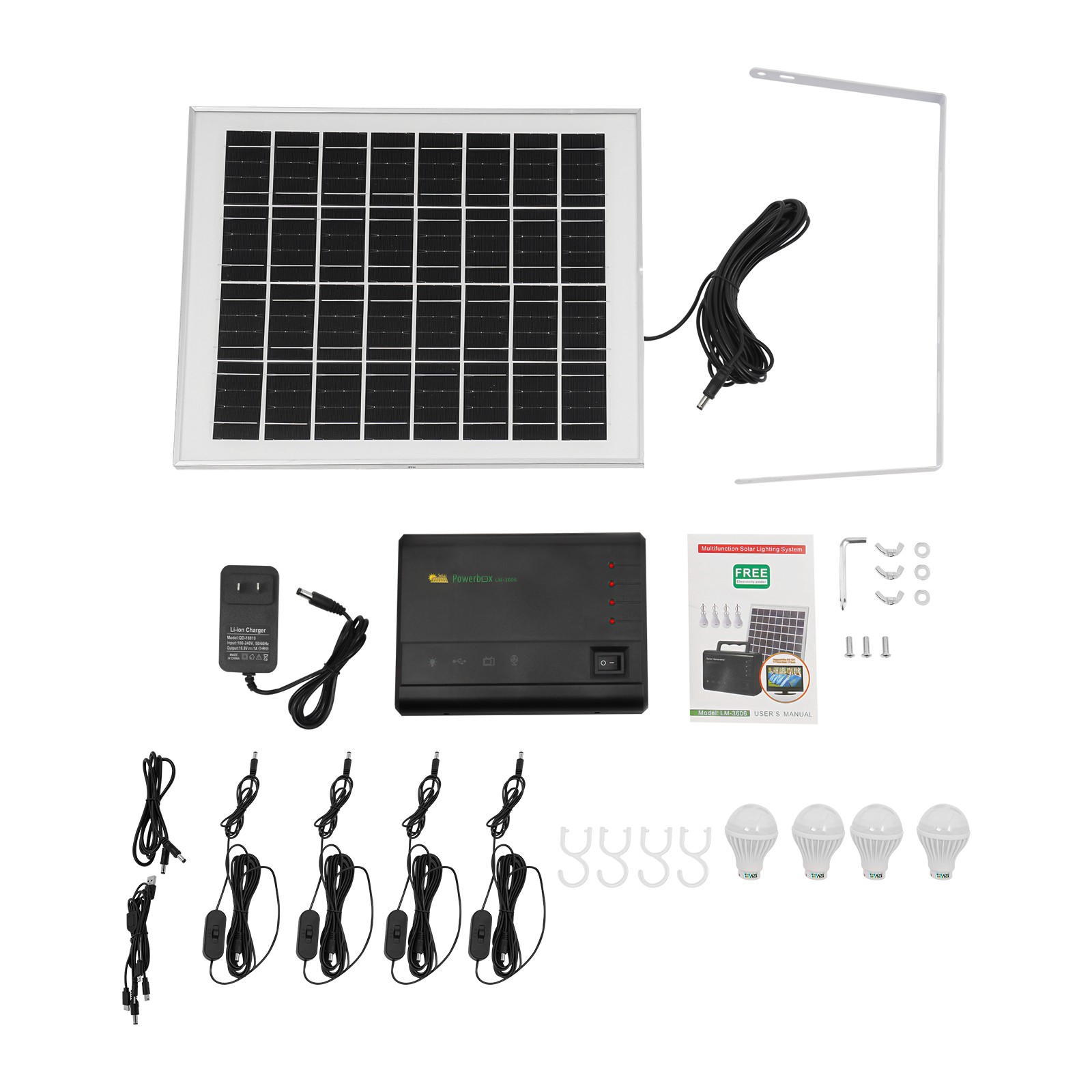 Solar Panel Power Generator Kit Battery Pack Power Station w/ 4 Bulbs Portable