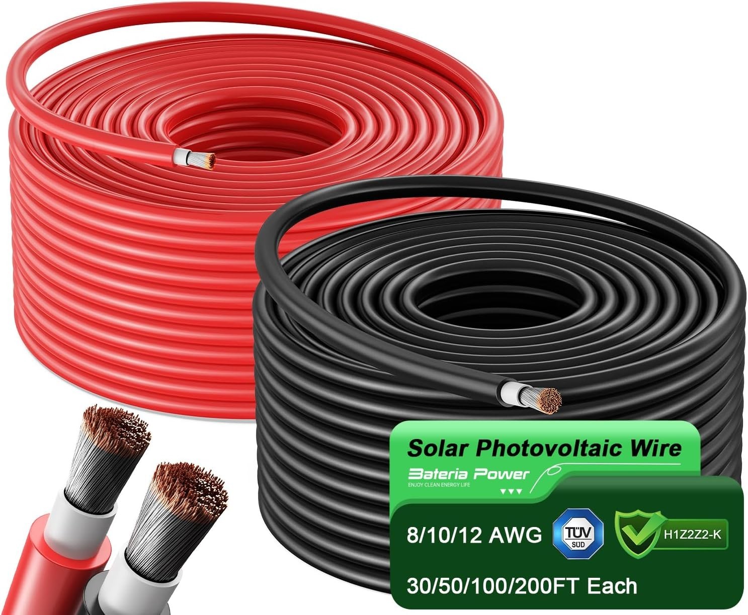 Solar Panel Wire 50Ft Black and 50Ft Red Kit, 10AWG (6mm²) Solar Panel Extension
