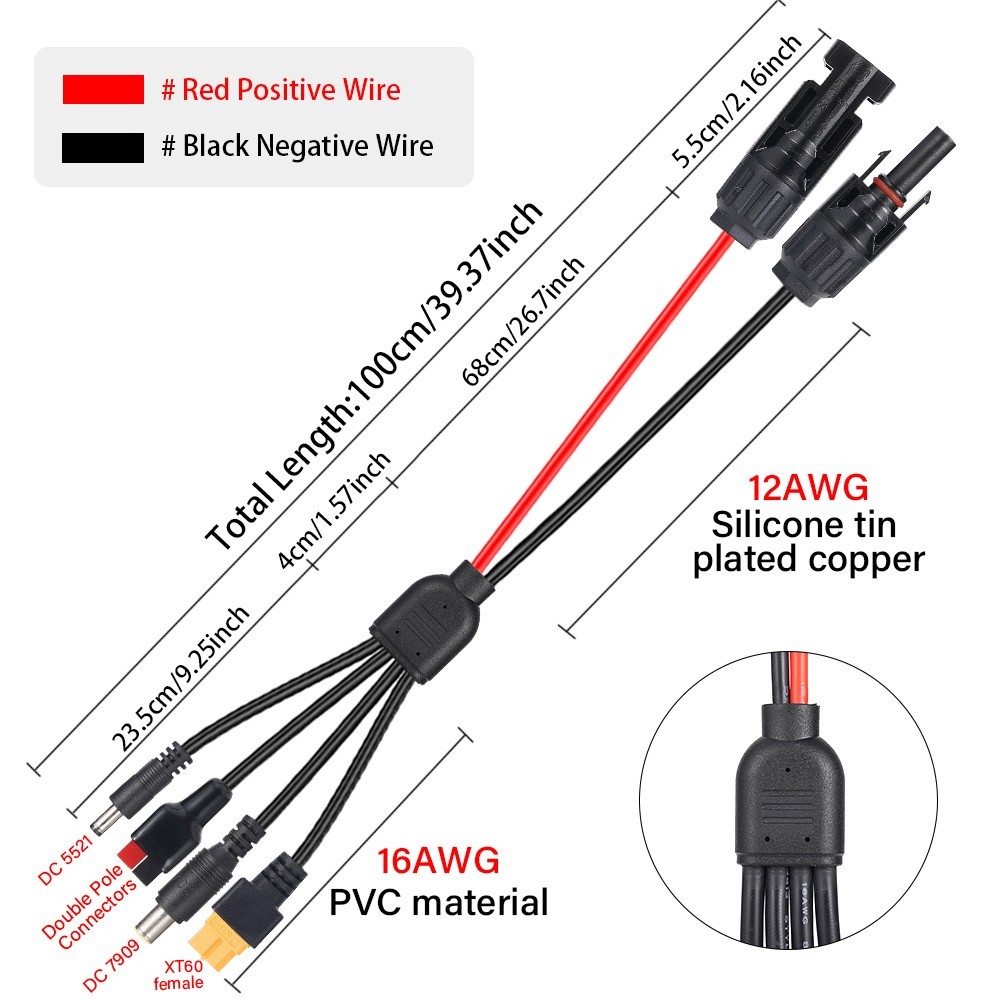 3ft Solar Panel Extension Cable 4 In 1 DC5521 7909 XT60 Female Connector PV Wire