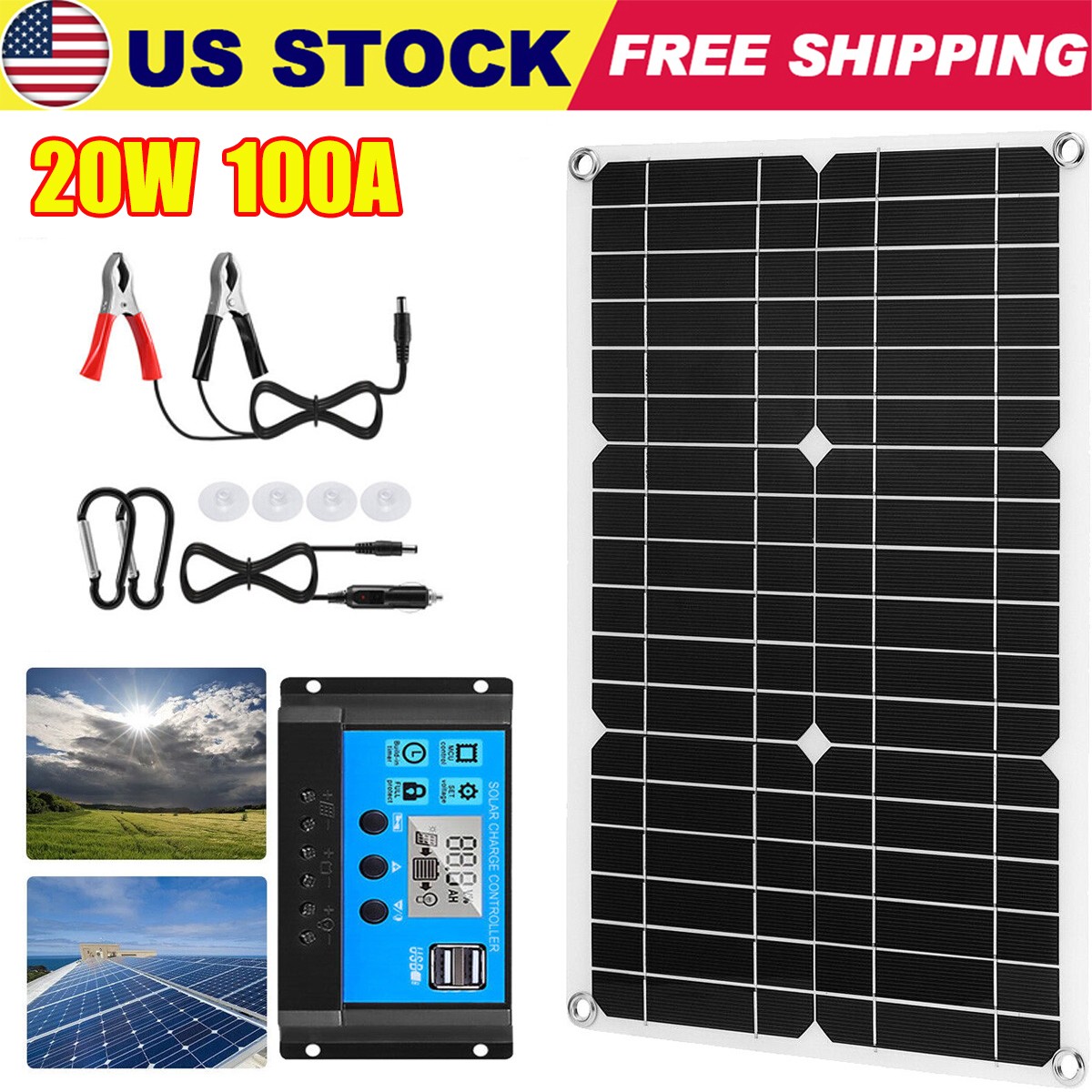 20 Watt Solar Panel Kit 100A 12V Battery Charger w/ Controller for Caravan Boat
