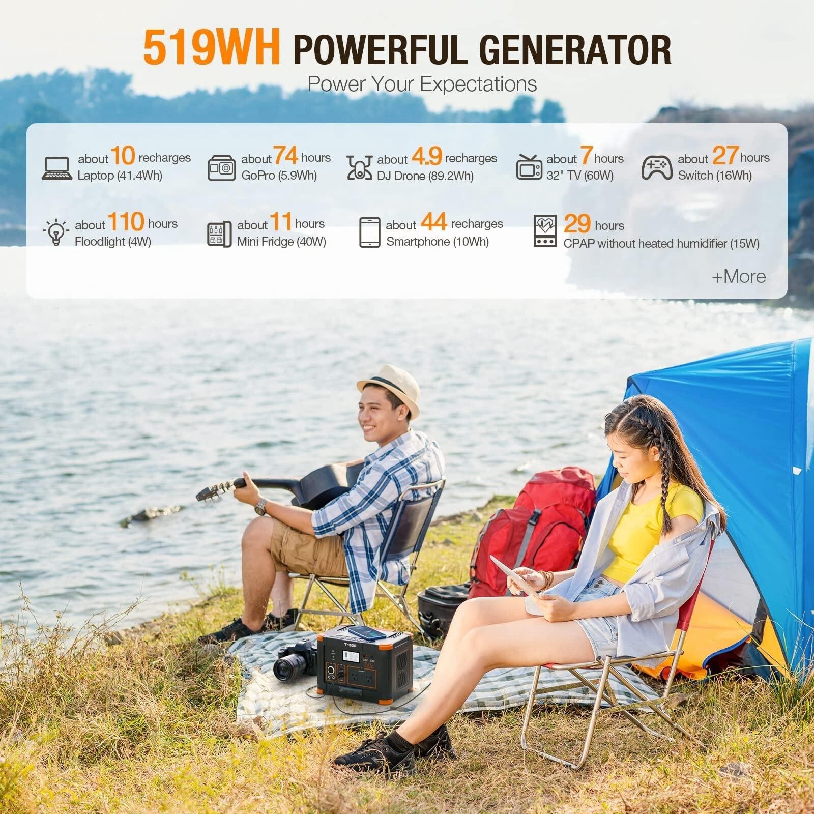 T500 500W(Peak 1000W) 519Wh Outdoor Solar Portable Power Station