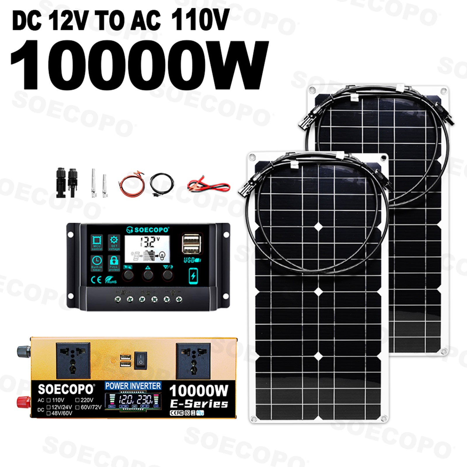 SOECOPO off grid portable 10000W Peak Solar Kit 2pcs Flexible Panel Controller