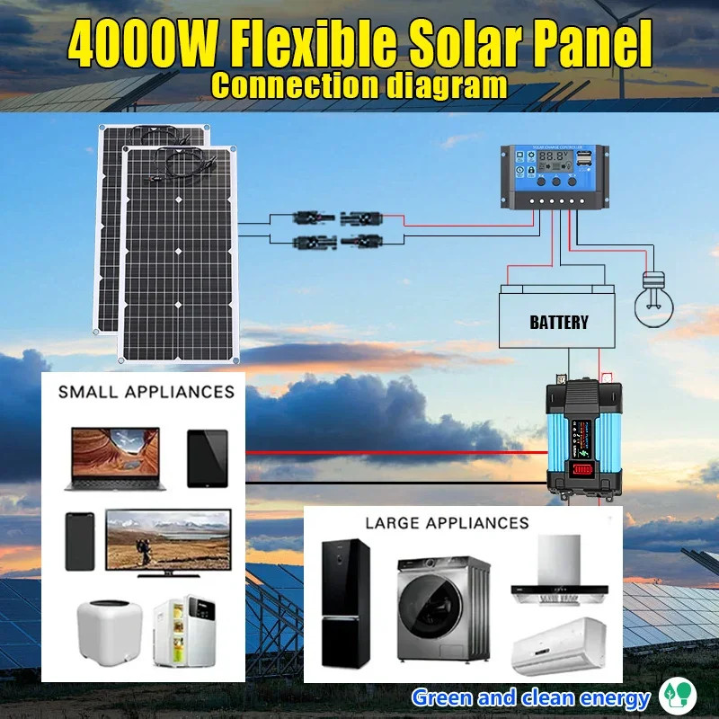 110V220V 6000W Flexible Solar Panel System Kit 12V Battery Charger Controller In
