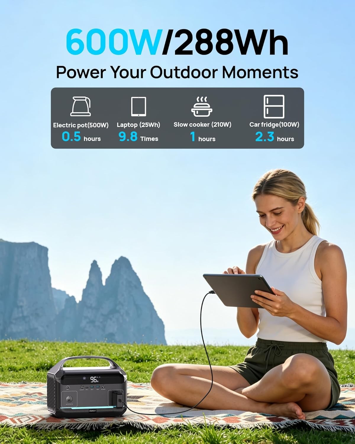 Portable Power Station 600W 288Wh LiFePO4 Battery
