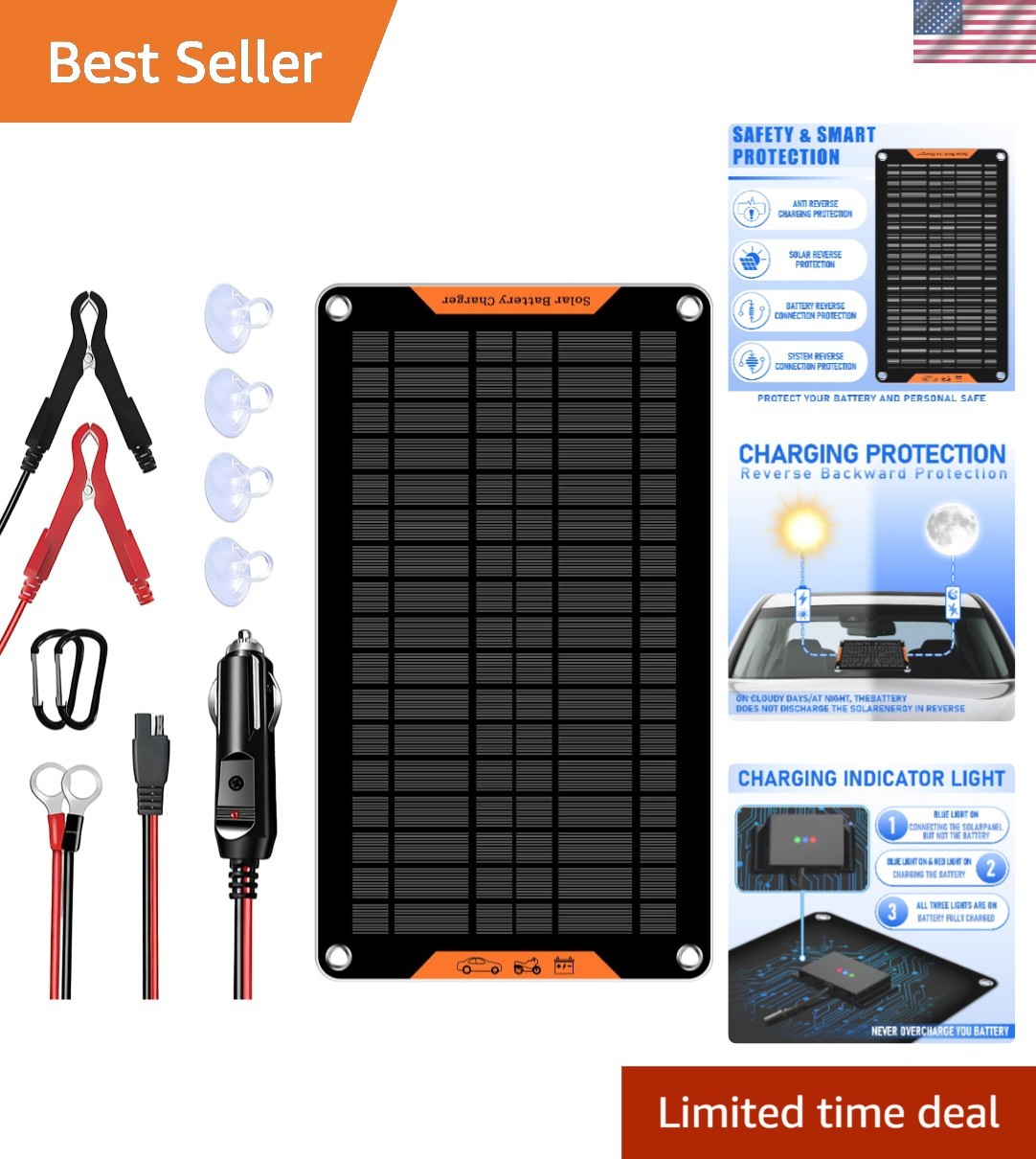12V 10W Solar Car Battery Charger & Maintainer with Easy Installation Options