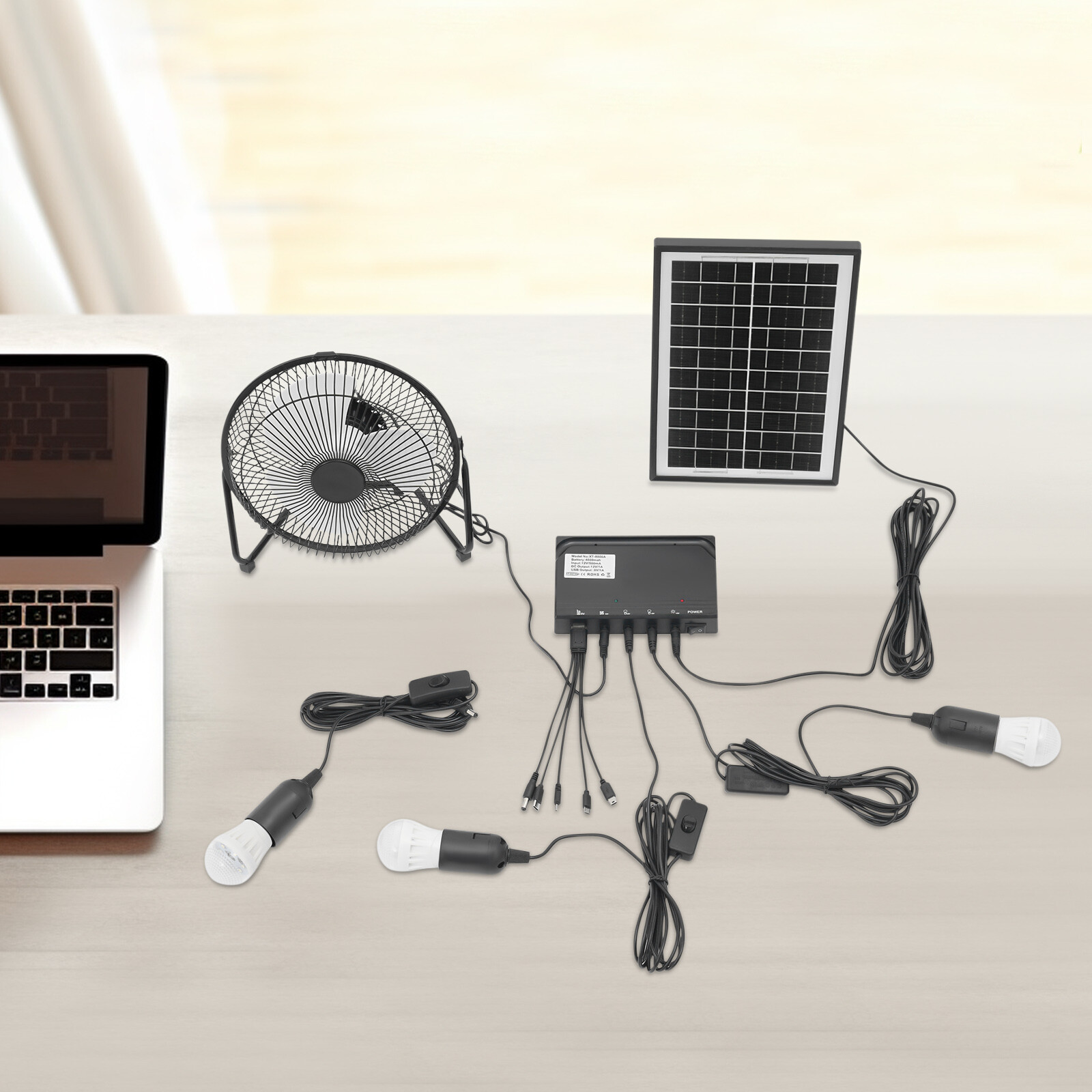 Solar Lighting & Fan Kits with 3 Bulbs USB Charging for Home Outdoor Camping