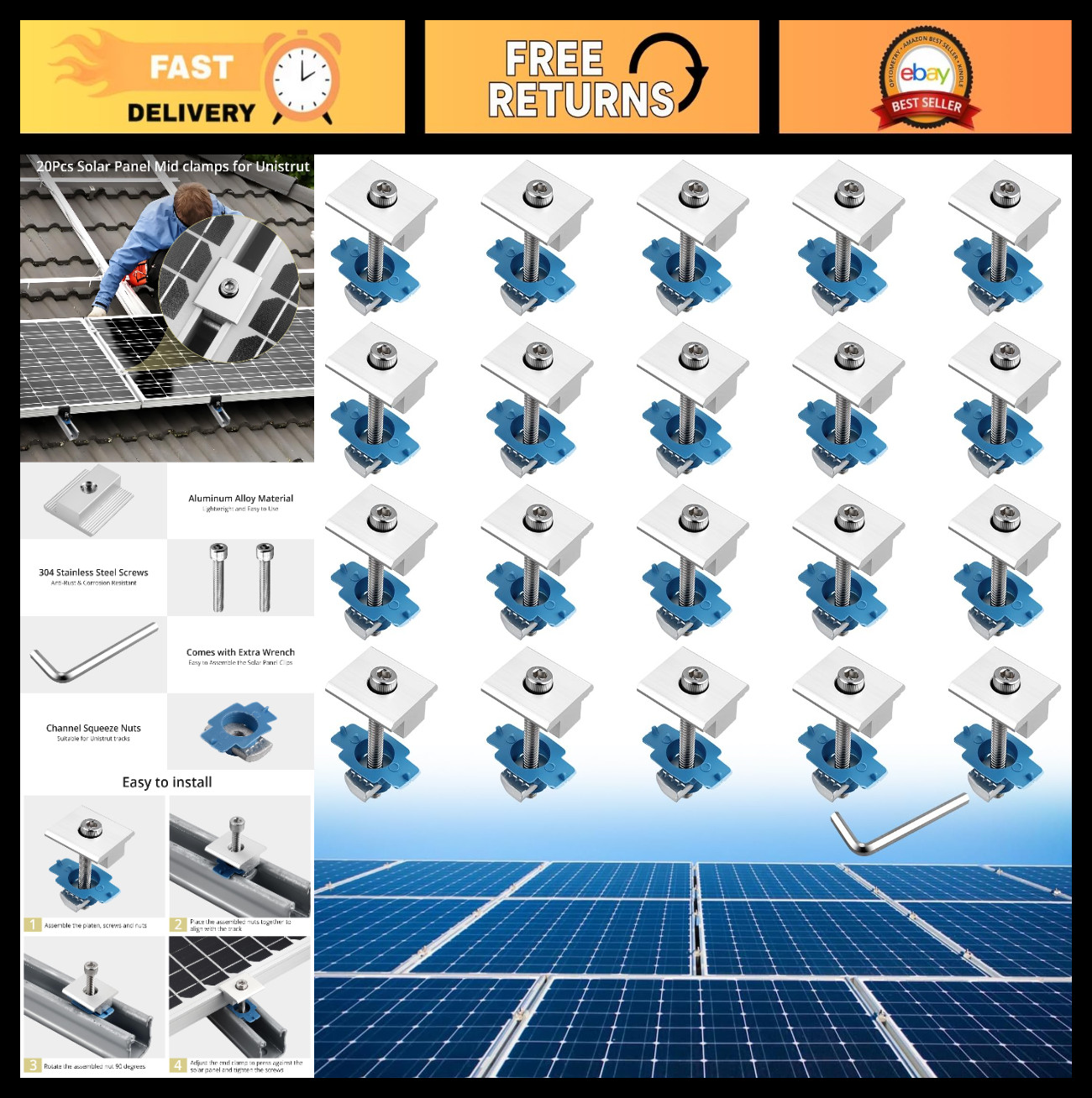 20pcs Solar Panel Mid Clamps, Aluminium Mounting Kit for Metal & Flat Roofs