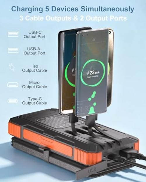 Solar Charger Power Bank 49800mAh with 4 Built-in Cables & 4 Foldable Orange