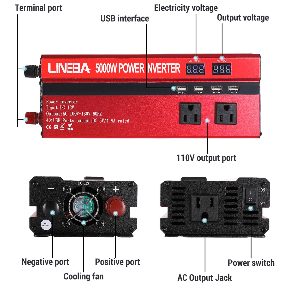 5000W Solar Power Kit DC 12V to AC 110V Inverter 100W Solar panel Home Outside