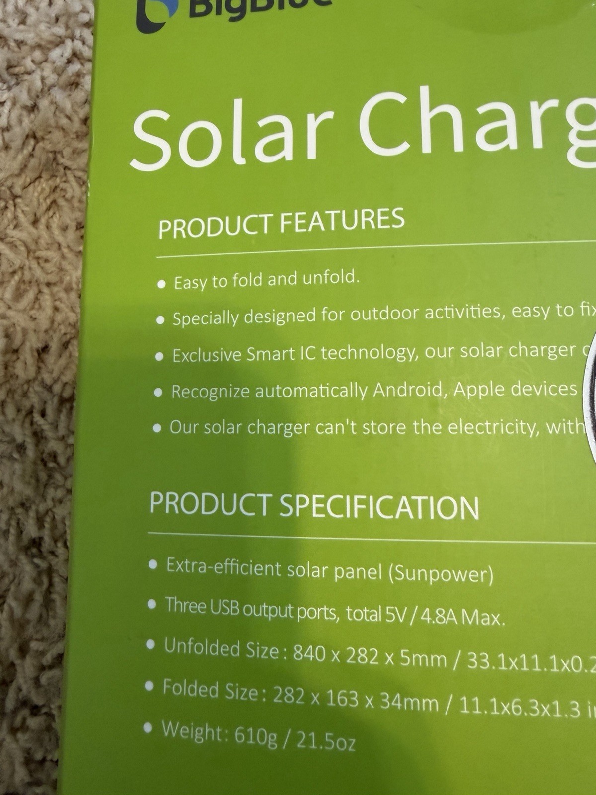 New In Box BigBlue Solar Charger 28W 3 USB ports