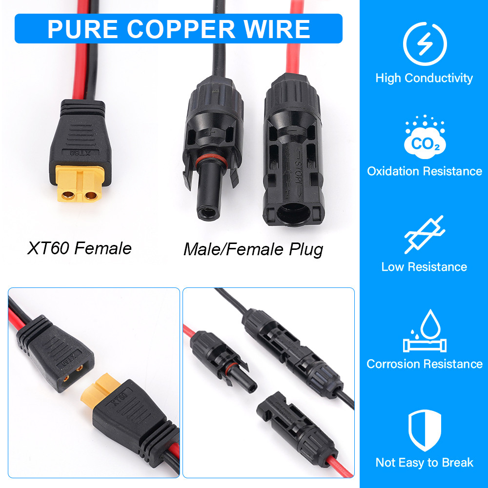 10 Ft XT60 Female to Solar Connector Extension Cable Wire for Solar Generator
