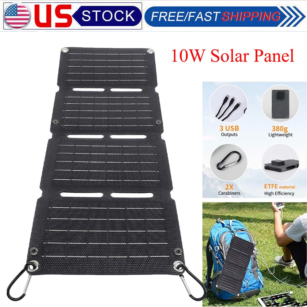 10W Foldable Solar Panel Charger USB 5V Power Bank Waterproof for Camping Hiking