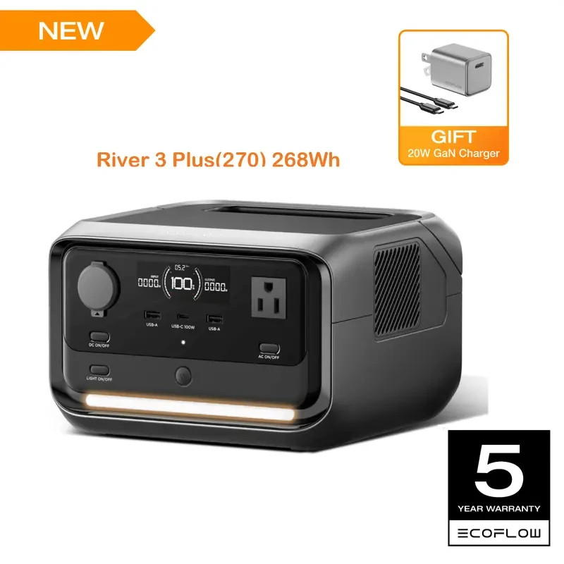 EcoFlow River 3 Plus 270 – 268Wh LiFePO₄ Power Station, 1200W AC, UPS, Quiet