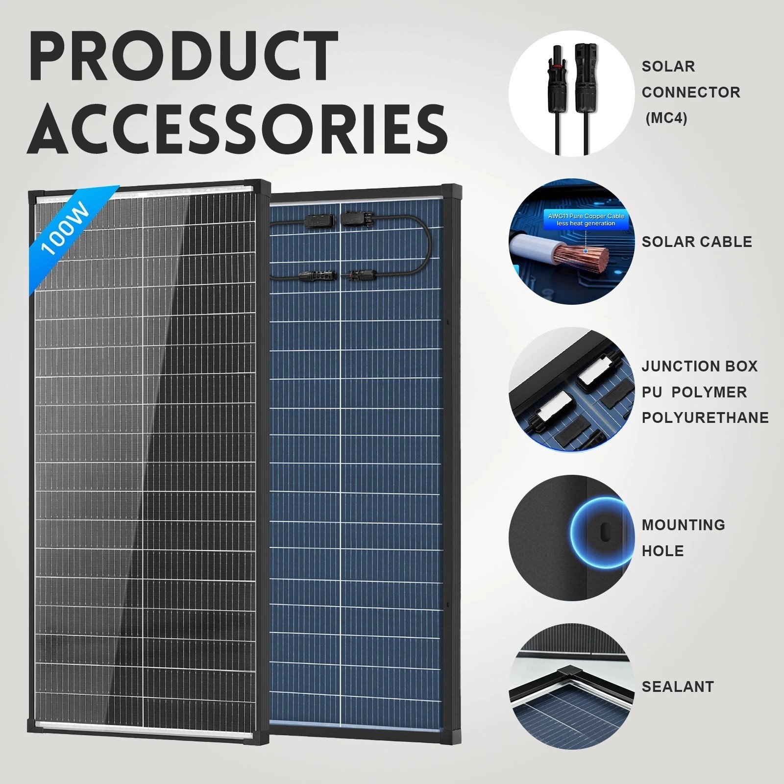 4*100W Mono Solar Panel N-Type Bifacial 18V PV Home RV Off Grid Battery System