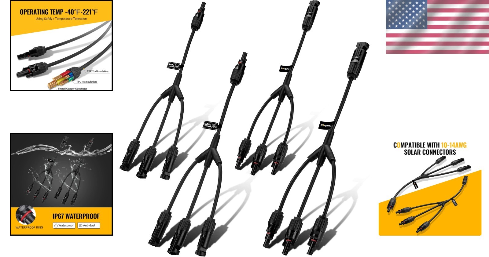 Waterproof Y Branch Solar Connectors – 30A DC1000V Tool Kit, 2 Pairs M/FFF/F/MMM