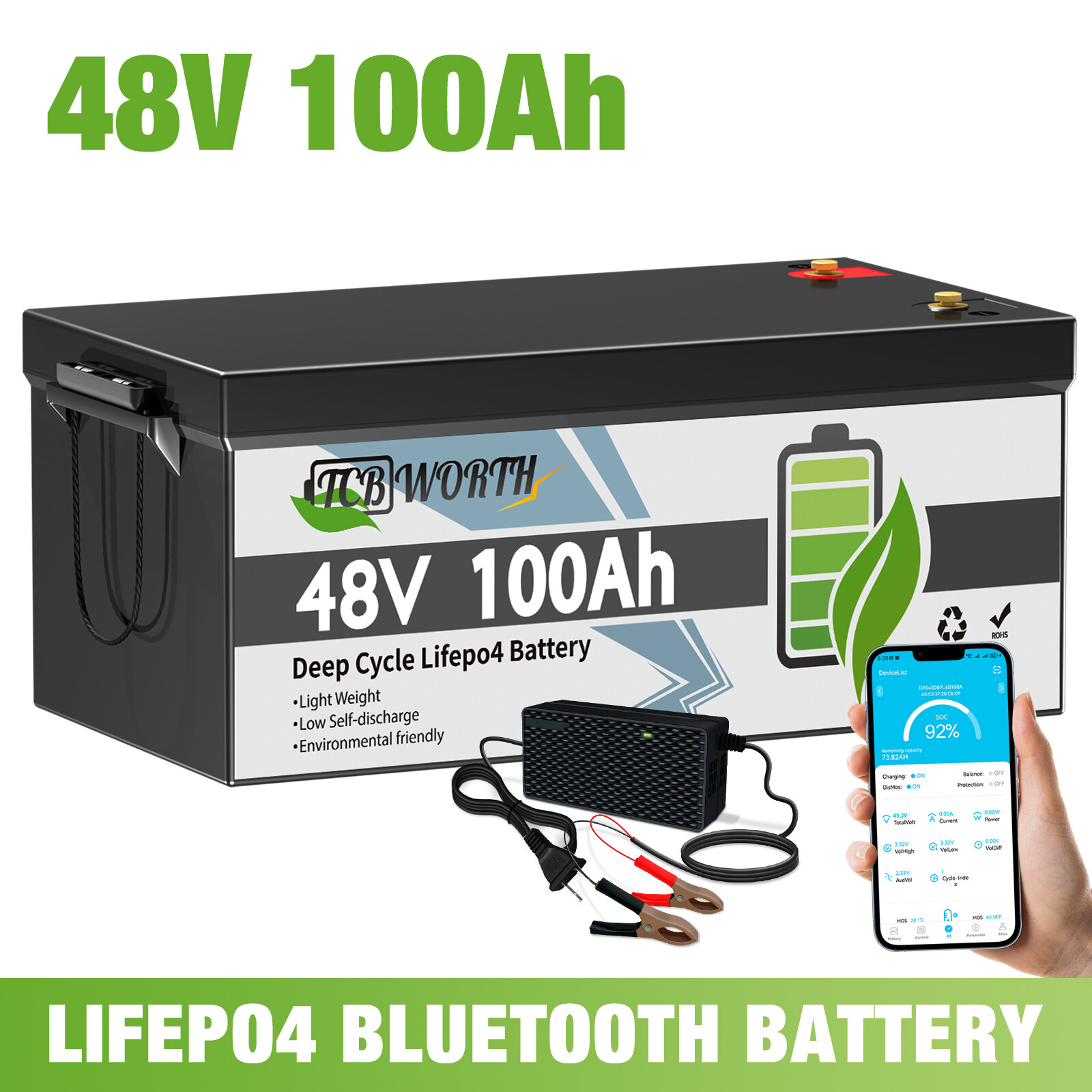 48V 100Ah Golf Cart Battery Lithium LiFePO4 Deep Cycle Bluetooth Solar Club Car