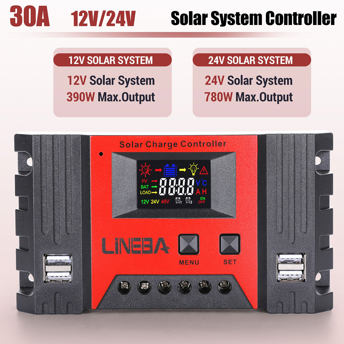 30A Solar Charge Controller PWM Regulator for 12V 24V Auto with 4 USB Ports LCD
