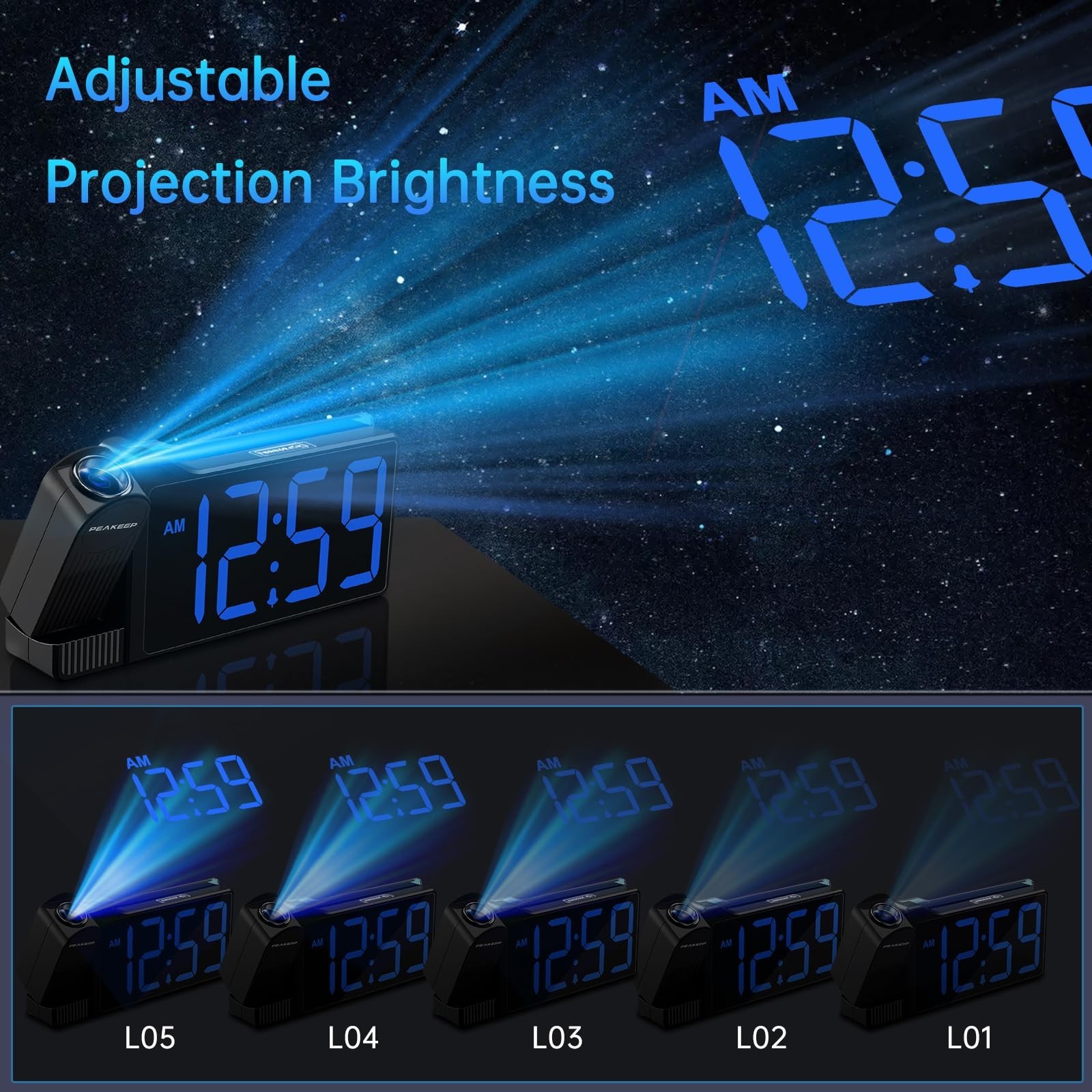 Peakeep Projection Alarm Clock for Bedroom Ceiling 180° Rotatable, Loud for