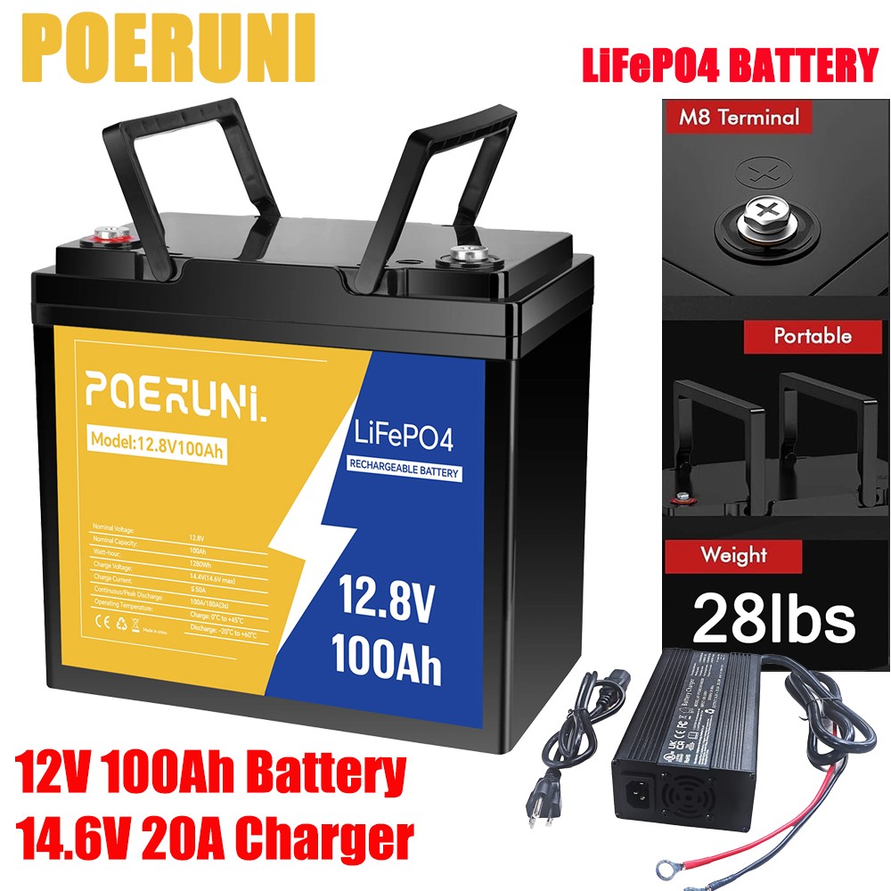 12.8V 100Ah LiFePO4 Lithium Battery + Charger 14.6V 20A for RV Off-Grid 100A BMS
