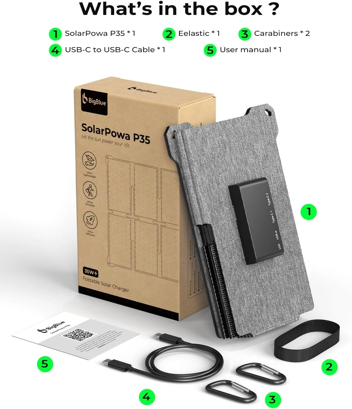 BigBlue Portable 35W Solar Panel Charger with Fast Charging USB-A and PD 25W USB