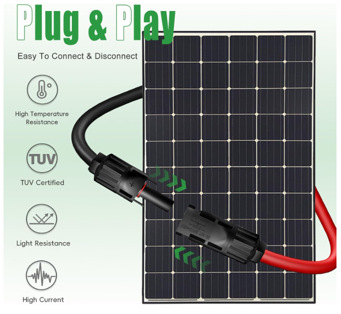 Cable solar doble 10AWG 20FT con conectores IP67, ideal para exterior y RV.
