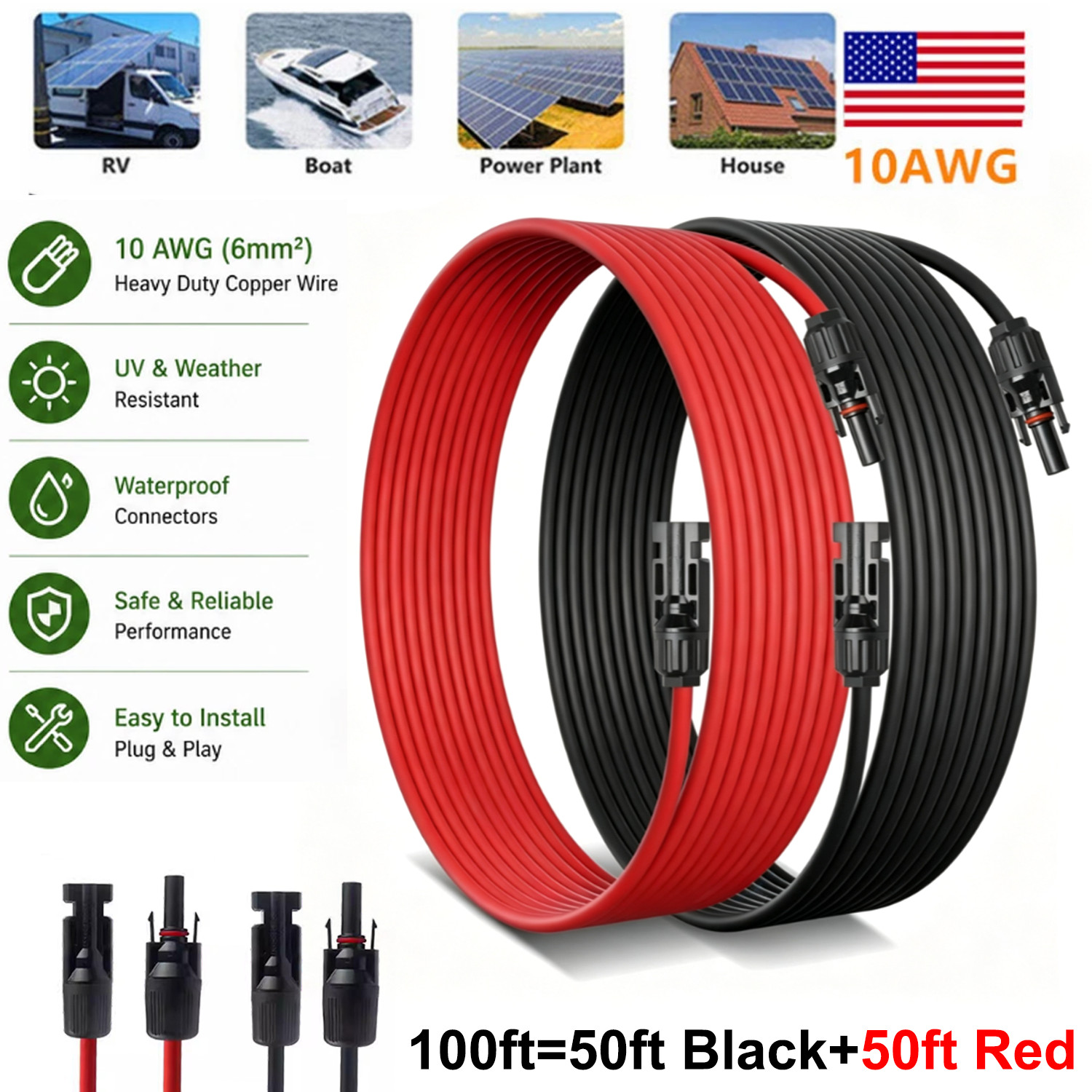 100FT 10 AWG Solar Panel Extension Cable PV Wire +Pair Solar Connectors 6mm²