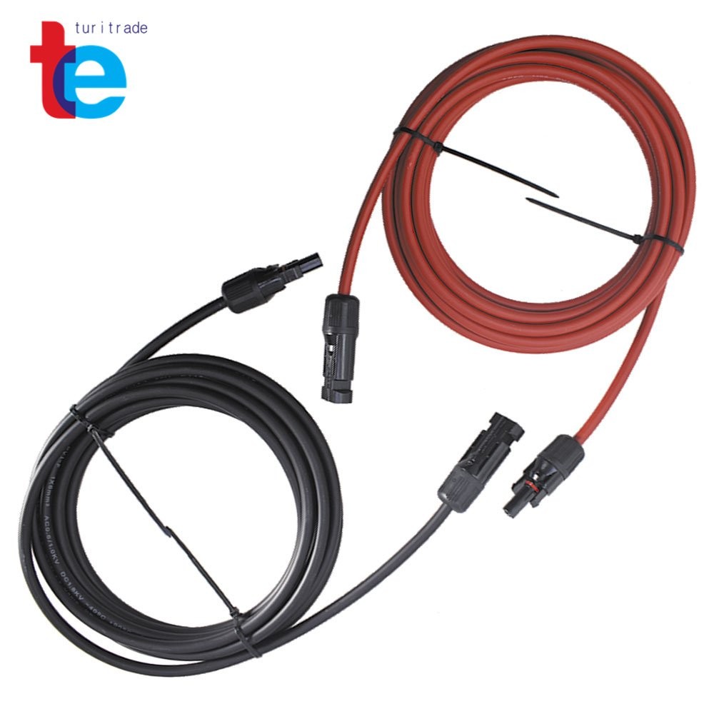 6mm²/10AWG 1 Pair 15ft Black + Red Solar Panel Extension Cable Wire Connector