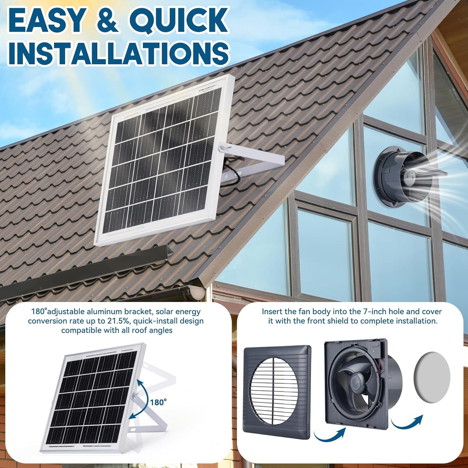 Solar Powered Exhaust Fan, 25W Solar Panel+8″ High Speed Solar Powered Fans, Sol