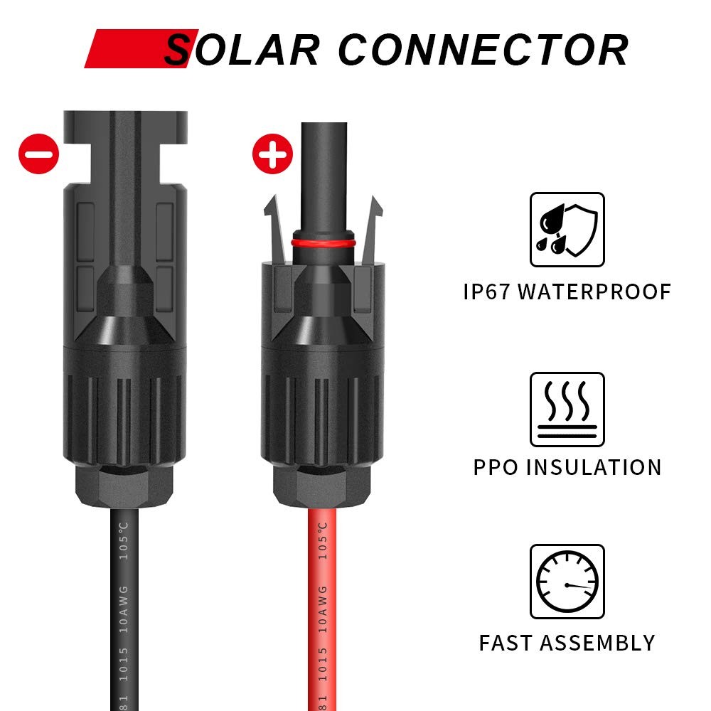 Solar Extension Cable 10AWG SAE to PV Connectors Photovoltaic Wire Cord 20FT …