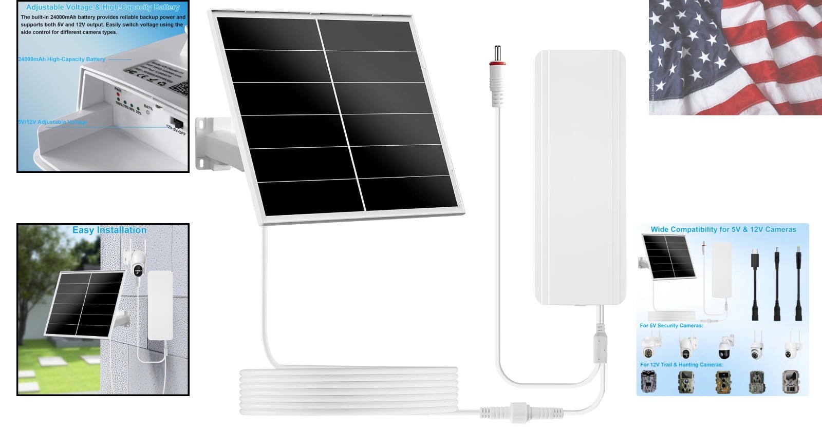20W Solar Panel Kit with 24000mAh Battery for Security & Trail Cameras, 5V/12…