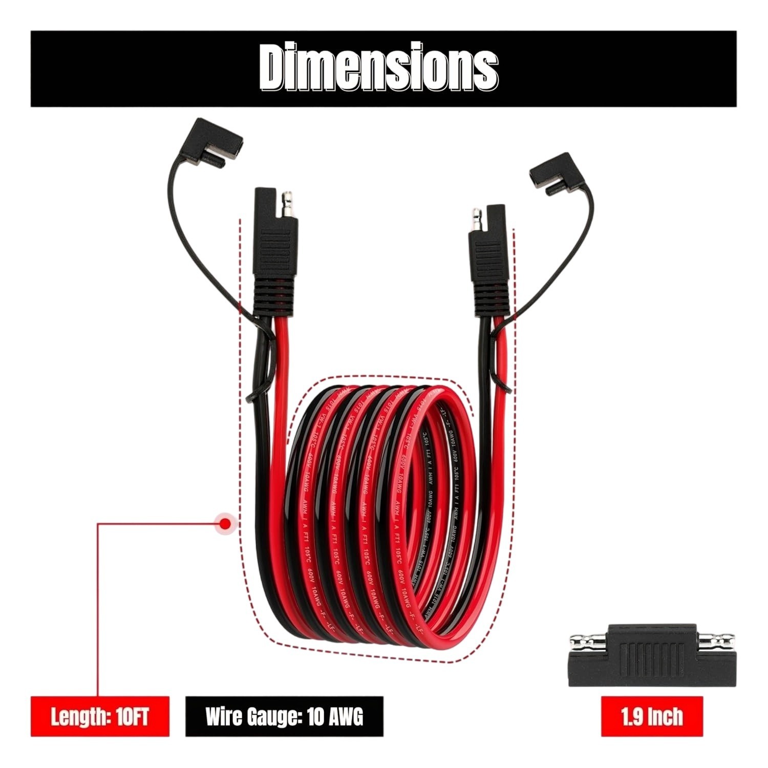 10FT 10AWG SAE Extension Cable for Solar, RV, Automotive and Marine Use
