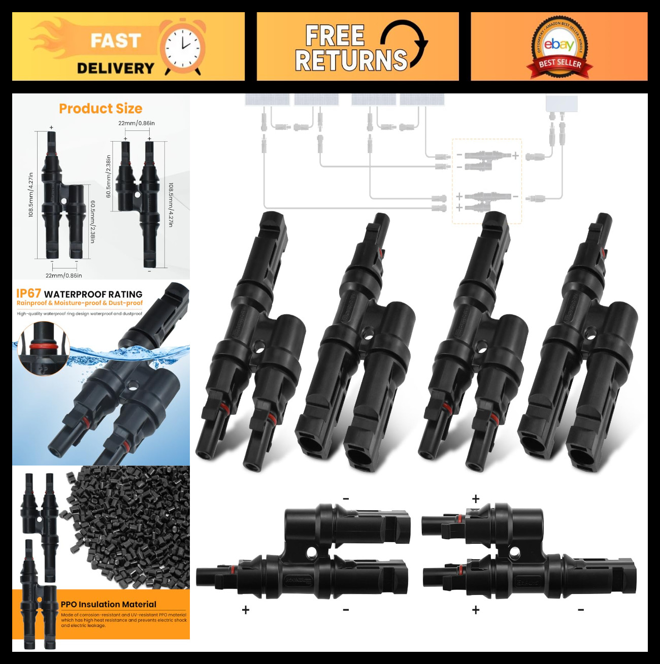 3 Pairs Solar Branch Connectors T-Shape, 2-to-1 Y Connectors for Solar Panels