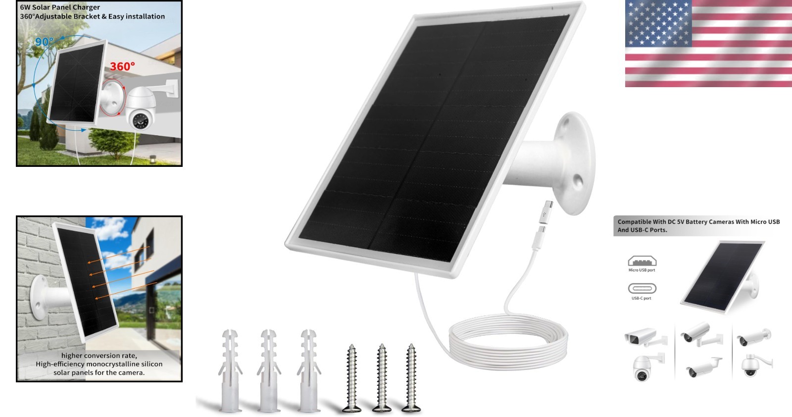 Monocrystalline 6W Solar Panel with USB-C & Micro USB Power for Outdoor Cameras